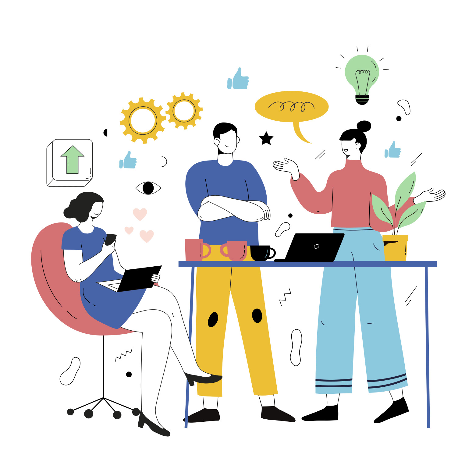 Illustration of people working together to solve a puzzle with a light bulb in the center